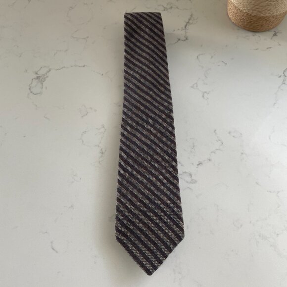 Harry Rosen Woven Textured Striped Wool Silk Blend Tie Tan Burgundy Blue Sz OS - Picture 7 of 7